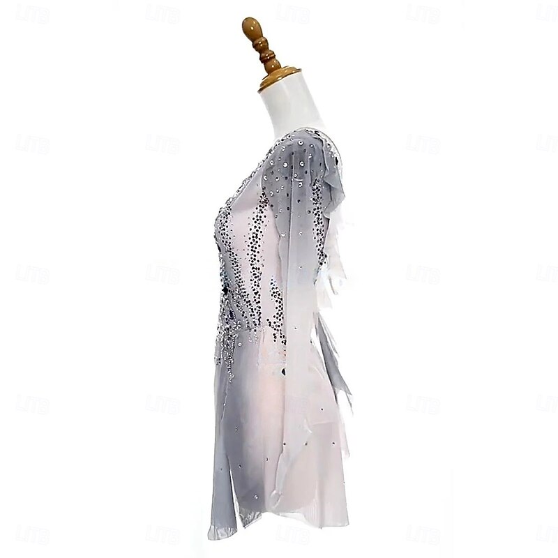 Figure Skating Dress Women's Girls' Ice Skating Dress Gray High Elasticity Training Competition Skating Wear Classic Crystal / Rhinestone Long Sleeve Ice Skating Figure Skating4