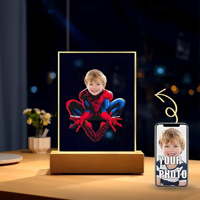Personalized Photo USB Night Light Acrylic Custom Spider Superhero Kid Face Night Light Christmas Decoration Gifts for Superhero Fans