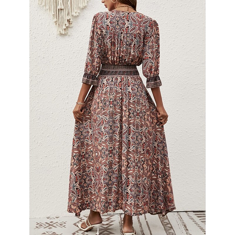 Women's Maxi Dress Casual Dress Swing Dress A Line Dress Boho Dress Casual Daily Regular Fit Floral Paisley Half Sleeve V Neck Blue Brown Summer Spring Fall2