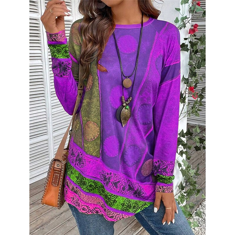 Women's T shirt Long Sleeve Vintage Ethnic Casual Print Long Sleeve Long Tops Crew Neck Daily Red Purple Green Fall Winter Prefall4