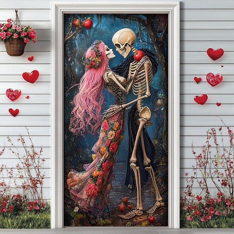 Halloween Outdoor Decorations Door Covers Door Tapestry Door Curtain Decoration Backdrop Indoor/Outdoor Door Banner for Front Door Farmhouse Skull Couple