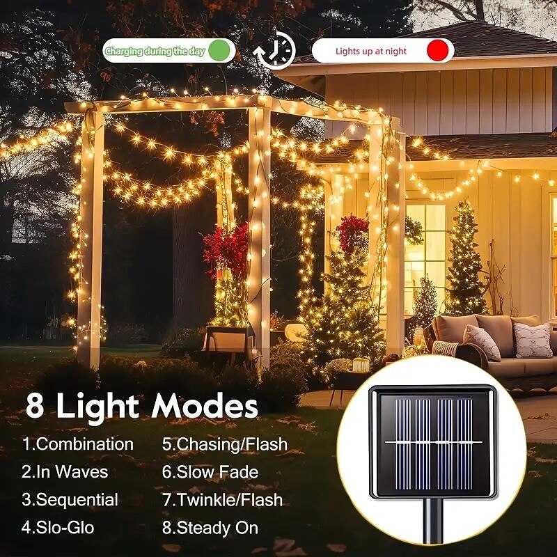6m 200LED Solar Fireworks String Lights, IP65 Waterproof 8 Modes, Multicolor Christmas Tree Fairy Lights for Home Garden Indoor Outdoor Decor 1pc4