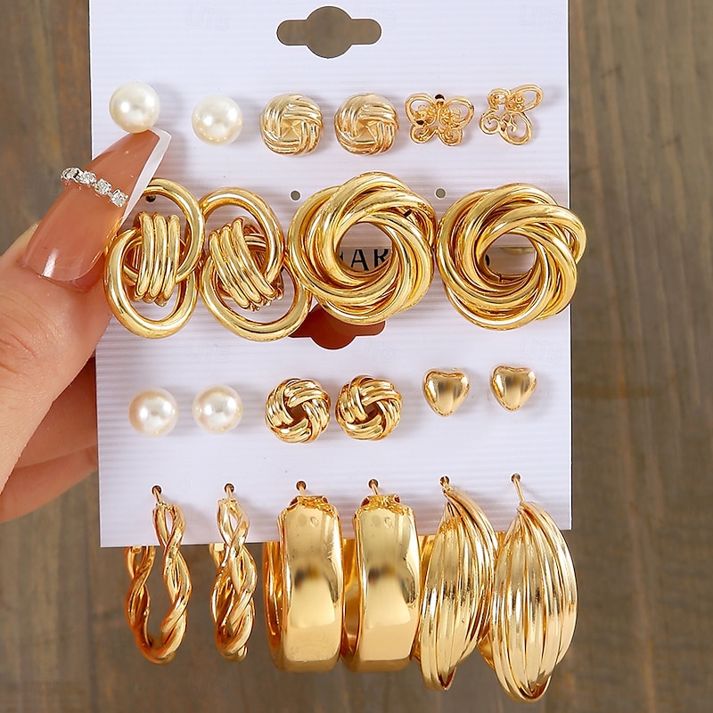 12 Pairs Hoop & Stud Earrings Set | Women's Elegant Fashion Jewelry for Daily & Party Wear