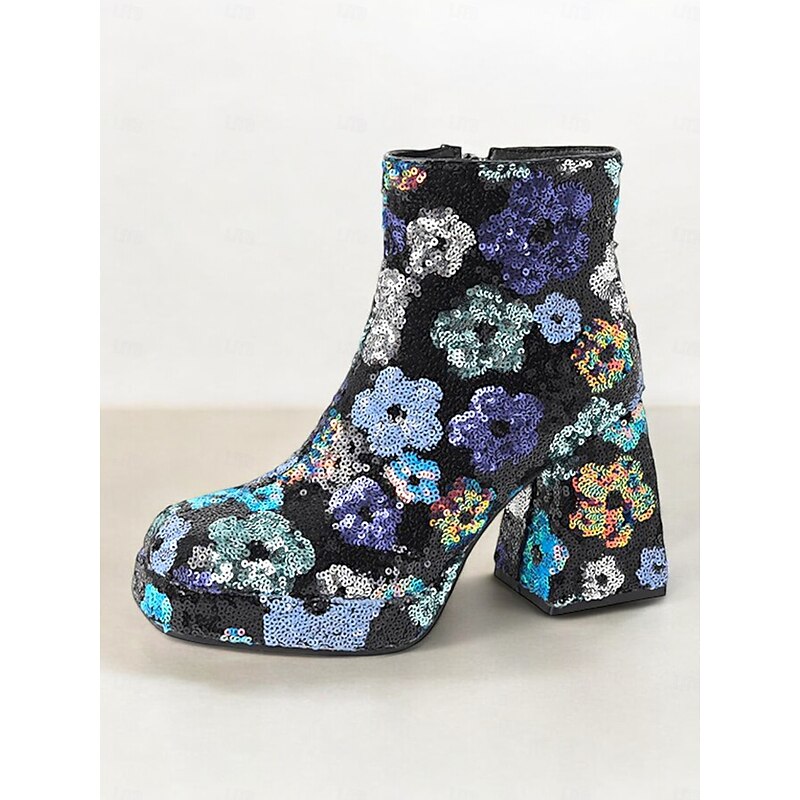 Women's Sequin Floral Ankle Boots – Glittering Platform Block Heels for Parties and Events2