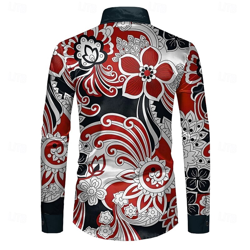 Men's Floral Button Up Shirt Designer Shirt Long Sleeve Fashion Casual Vacation Party / Evening Spring Fall Turndown Button Up Red3