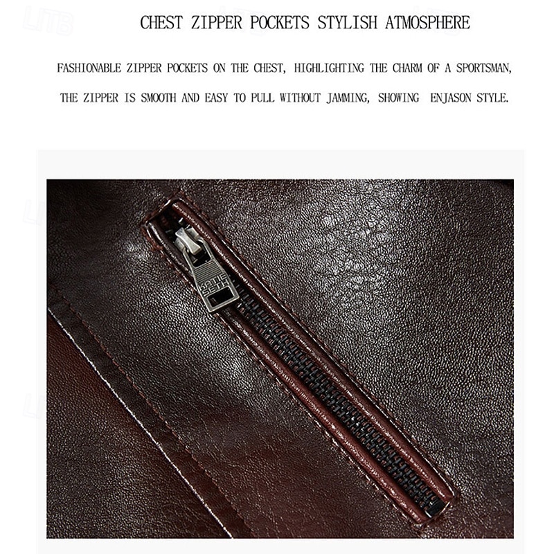 Men's Faux Leather Jacket Fleece Jacket Biker Jacket Motorcycle Jacket Daily Vacation Windproof Warm Pocket Fall & Winter Plain Fashion Classic Lapel Regular Black Red Brown Coffee Jacket3