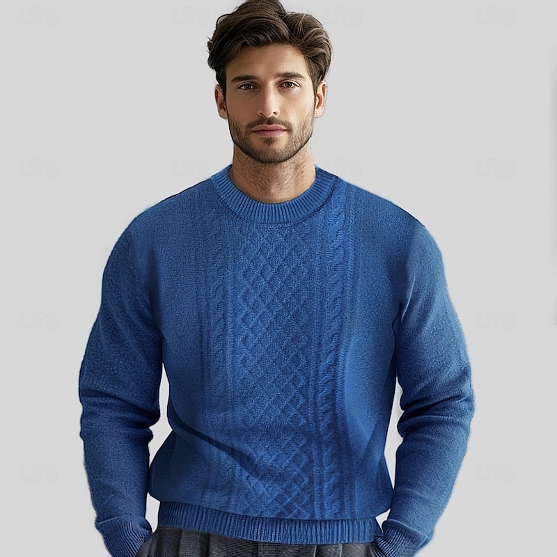 Men's 100% Merino Wool Jacquard Sweater Knit Jacquard Solid Color Crew Neck Knitwear Elegant Christmas Christmas Gifts Clothing Apparel Fall Winter Navy Blue Royal Blue S M L