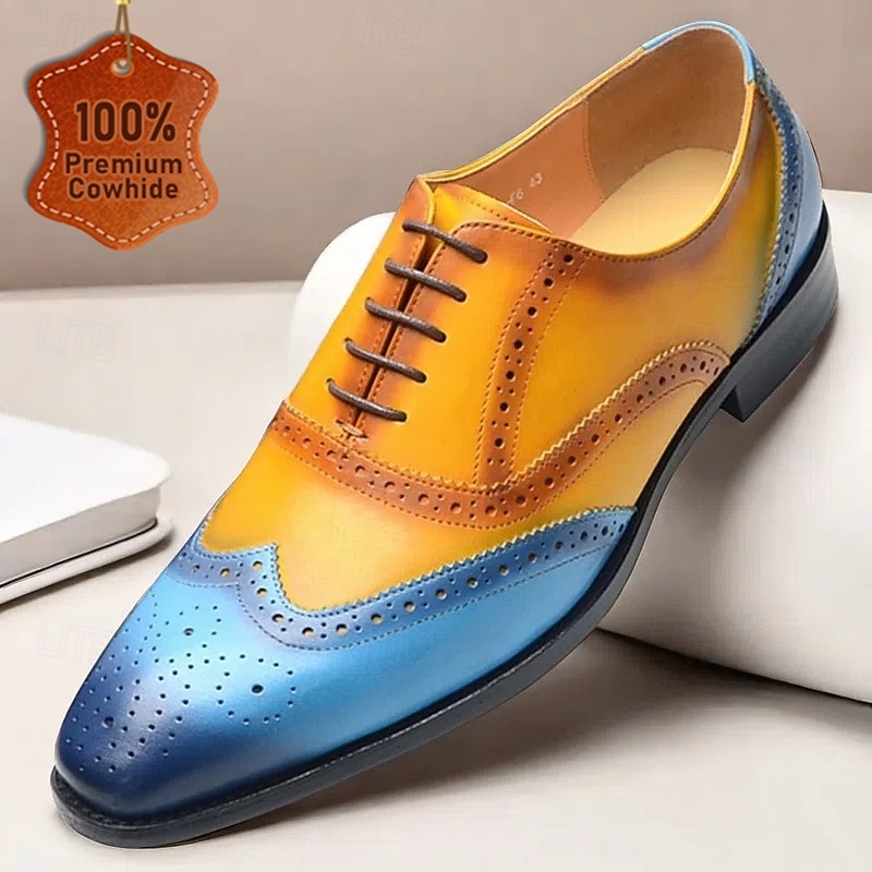 Men's Gradient Brogue Oxford Shoes – Premium Cowhide Leather with Yellow and Blue Design, Perfect for Business, Parties, or Formal Occasions