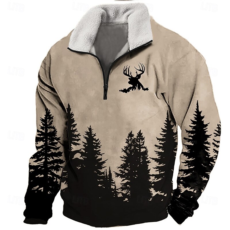 Men's Forest Deer Sweatshirt Quarter Zip Sweatshirt Long Sleeve Sweatshirt Stand Collar Quarter Zip Casual Vintage Retro 3D Print Vacation Going out Streetwear Half Zip Fall Winter