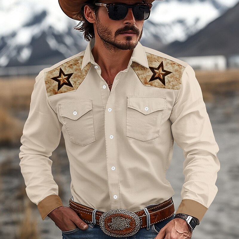 Men's Pentagram Western Shirt Cowboy Shirt Long Sleeve Western Sport Spring Fall Turndown Patchwork White Brown Green3