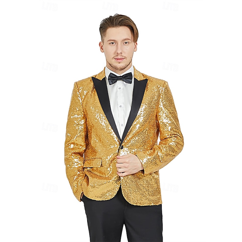 Retro Vintage 1980s Shiny Metallic Tuxedo Suits & Blazers Disco Sequins Slim Fit Fancy Dress Men's Carnival Costume Christmas Halloween Carnival Pride Parade Pride Month Adults' Coat