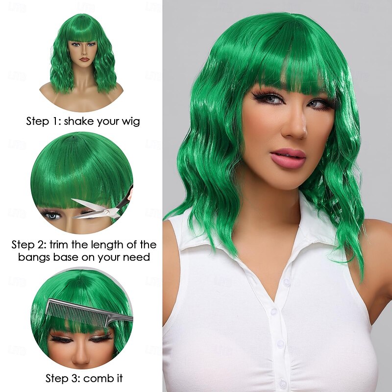 Short Wavy Wig with Bangs for Women Curly Bob Synthetic Wigs for Daily Use Costume Cosplay St.Patrick's Day Wigs4