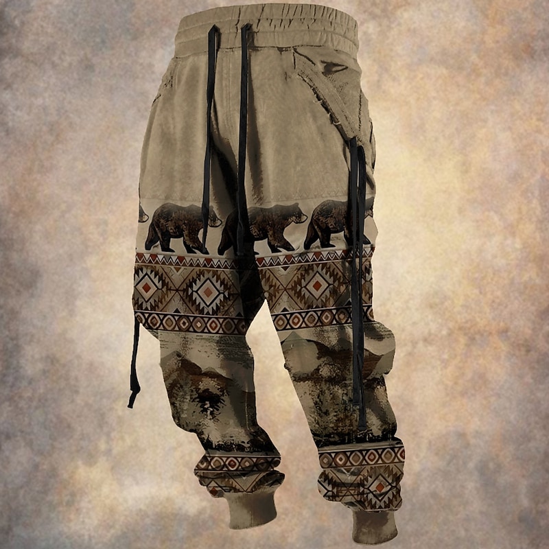 Men's Bear Cowboy Sweatpants Joggers Pants Trousers Mid Waist Drawstring Elastic Waist Vintage Casual Outdoor Street Dailywear Pocket Spring Fall Winter 3D Print Brown