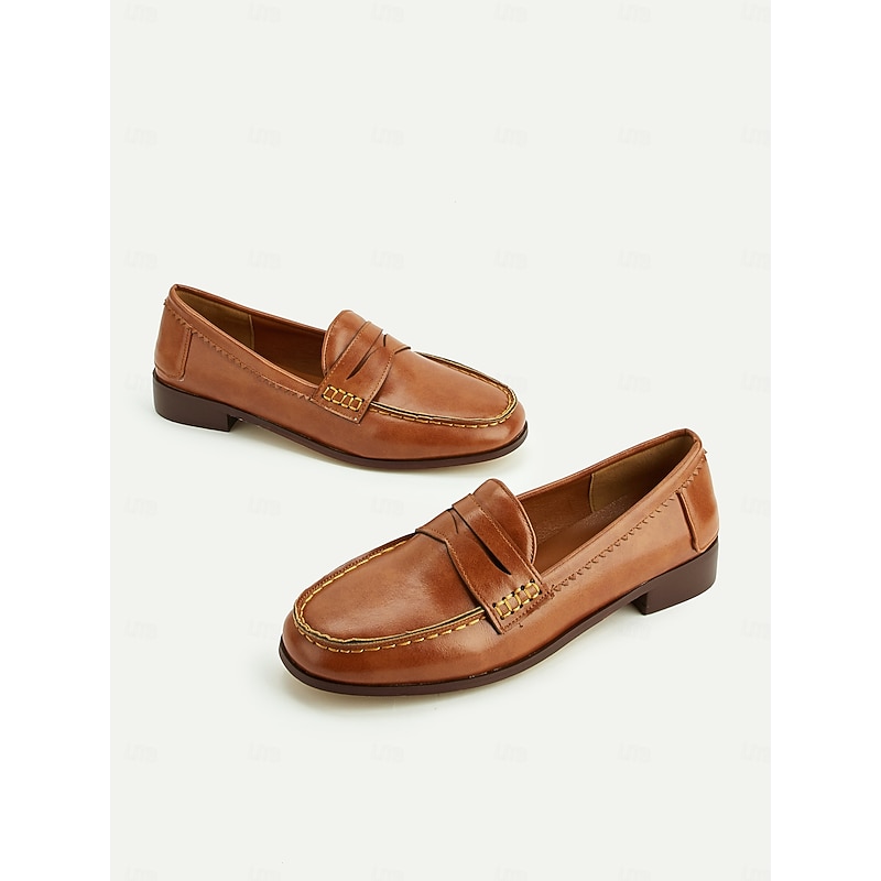 Women's Classic Brown Faux Leather Loafers – Comfortable Slip-On Driving Shoes with Hand-Stitched Detailing for Casual and Formal Wear4
