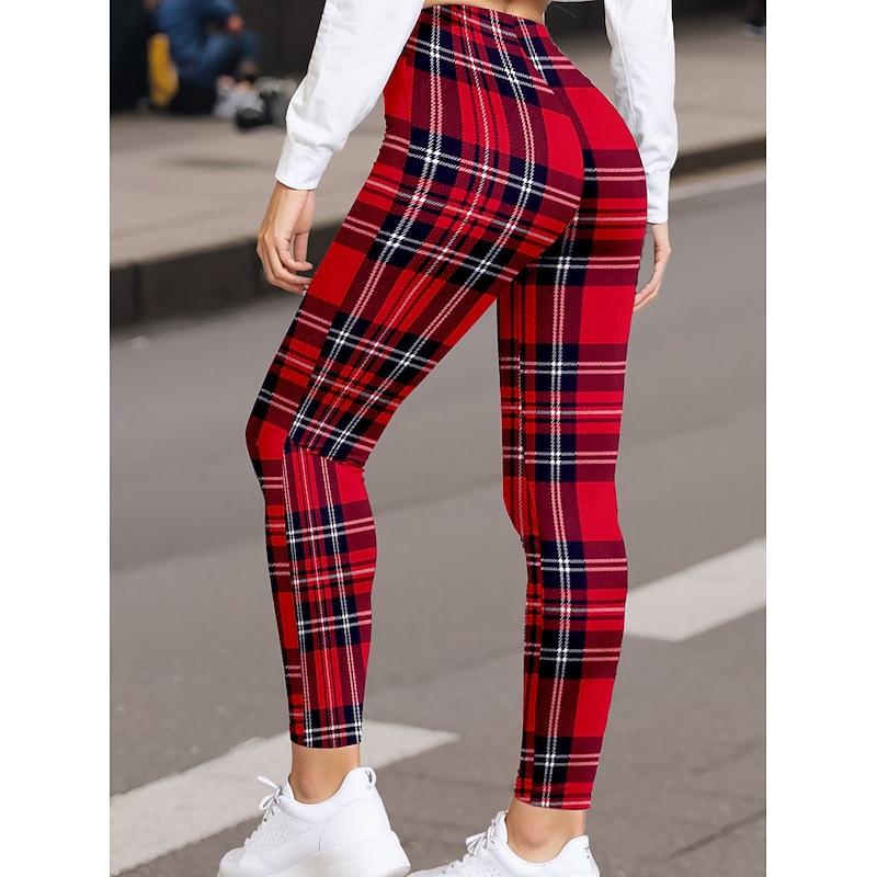 Women's Leggings Fashion Streetwear Ankle-Length High Waist Plaid Printing Thermal Warm Soft Breathable Micro-elastic Christmas Outdoor Daily Wine Fall Winter Regular Fit2