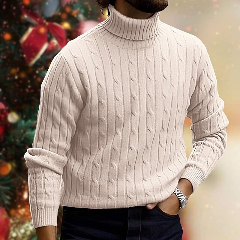 Men's Turtleneck Sweater Sweater Pullover Ribbed Cable Knit Knitted Plain Turtleneck Keep Warm Modern Contemporary Daily Wear Going out Clothing Apparel Fall & Winter Black White M L XL