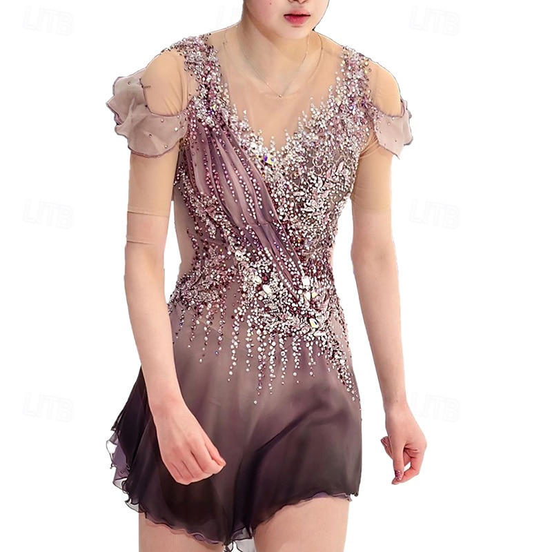 Figure Skating Dress Women's Girls' Ice Skating Dress Dusty Rose Patchwork Thumbhole Mesh Spandex Stretchy Training Practice Professional Skating Wear Thermal Warm Crystal / Rhinestone Long Sleeve