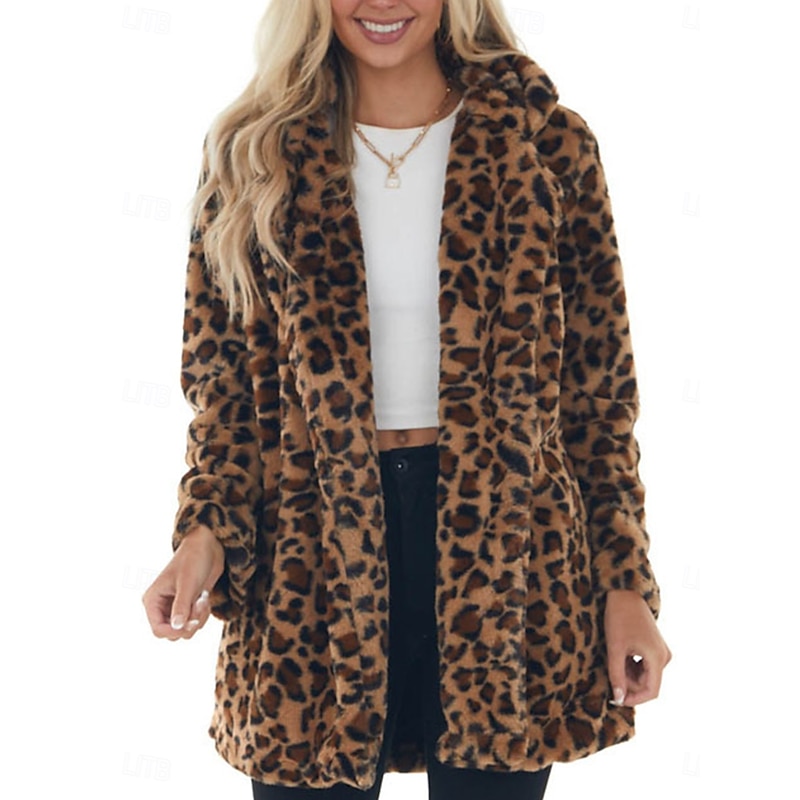 Women's Winter Coat Warm Breathable Patchwork with Pockets Vintage Fashion Leopard Party / Evening Open Front Long Turndown Regular Fit Long Sleeve Outerwear Leopard Fall Winter