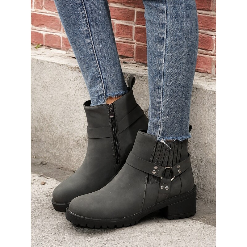 Women's Grey Ankle Boots – Stylish Block Heel with Strap Details, Side Zip, and Rugged Sole for Casual and Outdoor Wear4