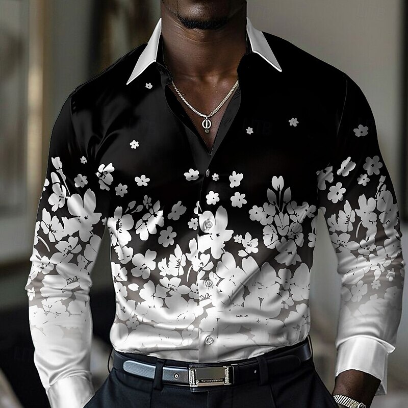 Men's Floral Button Up Shirt Designer Shirt Long Sleeve Fashion Casual Vacation Party / Evening Spring Fall Turndown Button Up Black
