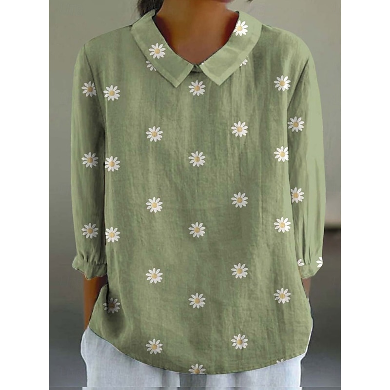 Women's Shirt Linen-Inspired Shirts Long Sleeve Shirt Collar White Blue Green Spring Fall