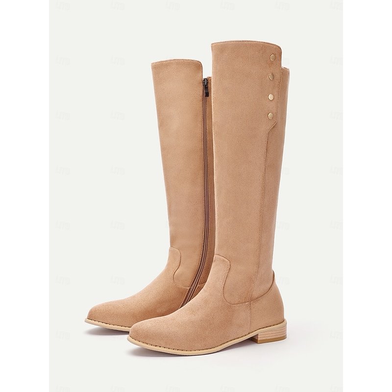 Women's Beige Suede Knee-High Boots with Button Detail - Stylish Footwear for Casual Outings and Autumn Fashion2