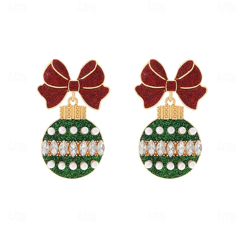 Women's Festive Christmas Ornament Earrings with Red Bow and Green Glitter Accents – Holiday Party Jewelry2