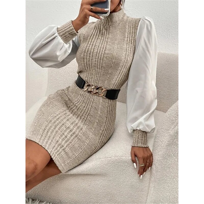 Women's Casual Dress Mini Dress Patchwork Casual Stand Collar Long Sleeve Brown Beige Color2