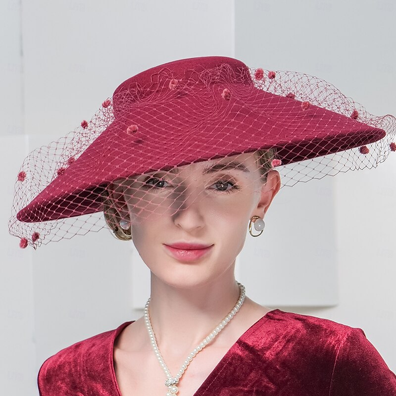 Fashion Elegant Tulle / 100% Wool Hats with Trim / Tulle 1PC Holiday / Cocktail Party Headpiece/Casual/Birthday/New Baby/Thank You/Graduation/Congratulations/Anniversary Headwear