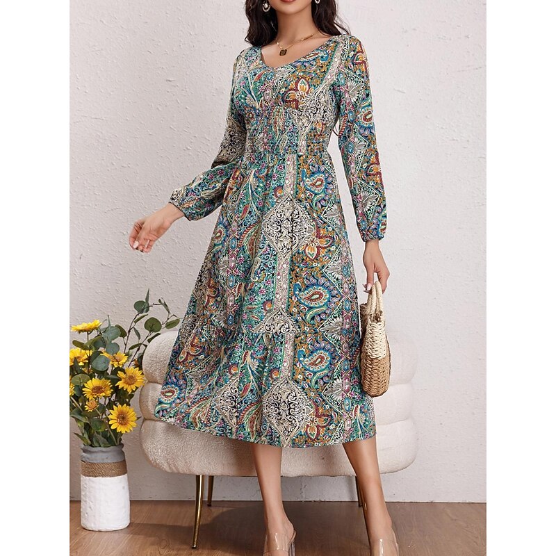 Women's Midi Dress Casual Dress Swing Dress A Line Dress Boho Dress Bohemia Vintage Casual Vacation Daily Regular Fit Paisley Long Sleeve Crew Neck Rainbow Summer Spring Fall3