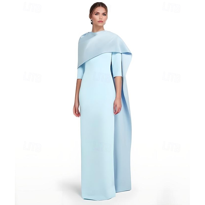 Beach Wedding SkySheath Evening Gown ElegantDress Formal Wedding Floor Length 3/4 Length Sleeve Jewel Neck Stretch Crepe with Slit Shawl