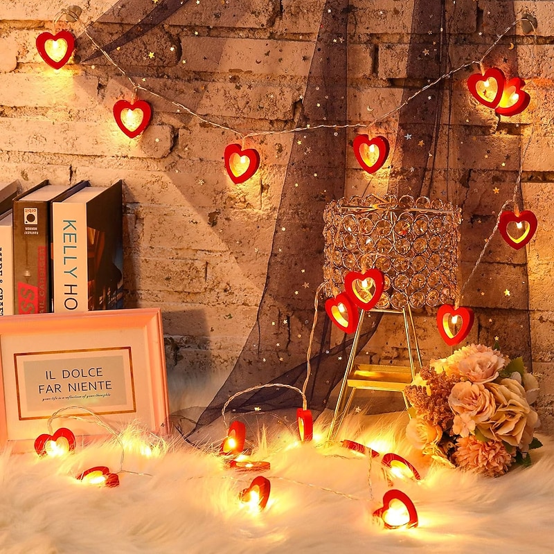 Valentine's Day Wooden Heart String Lights LED Fairy Lights 3m 20LED Hanging Wood Love Lights Lamp Battery Operated Valentine's Day Decorations for Bedroom Festival Birthday Wedding2