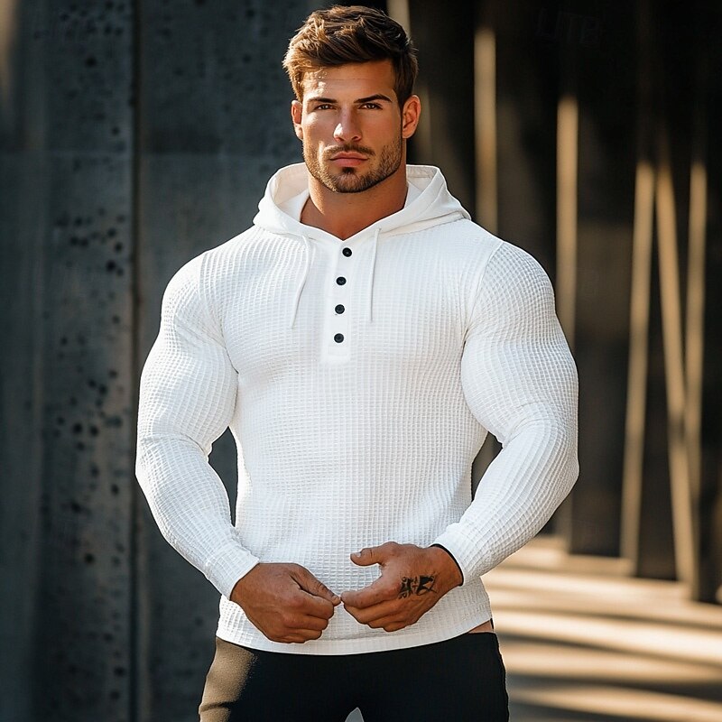 Men's Waffle Shirt T Shirt Tee Top Long Sleeve Shirt Long Sleeve Hooded Spring &  Fall Plain Fashion Designer Buttons Vacation Street Going out White khaki Grey Top Tee for Men4