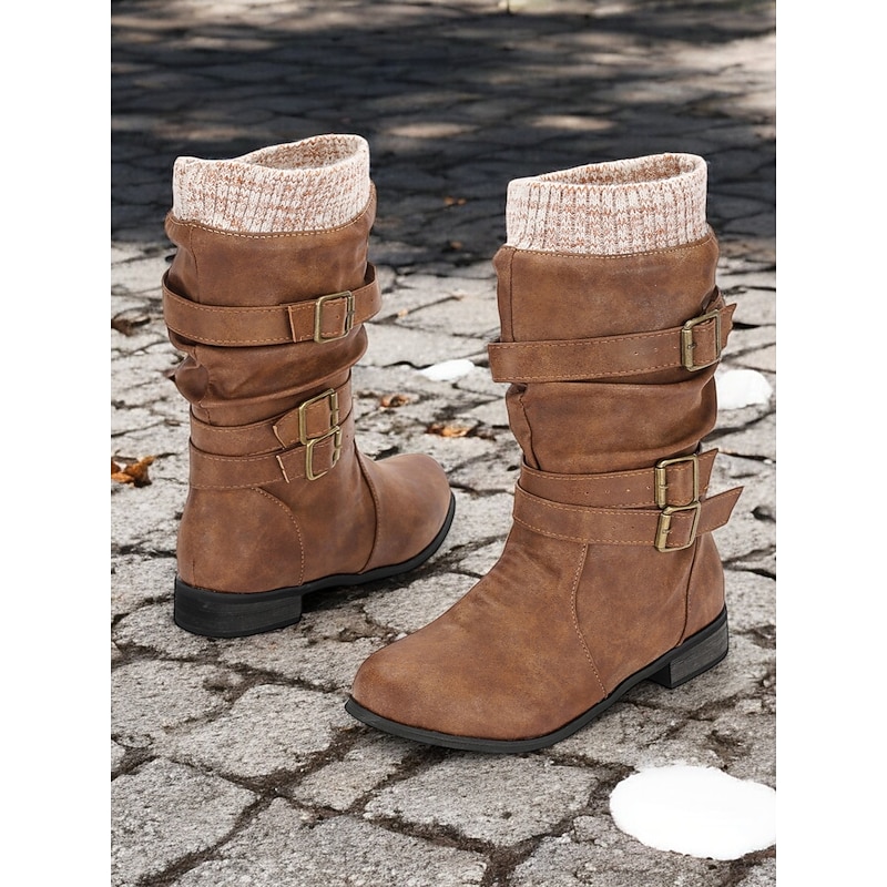 Women's Faux Leather Mid-Calf Boots with Knit Cuff and Double Buckle Straps – Cozy and Stylish Winter Footwear