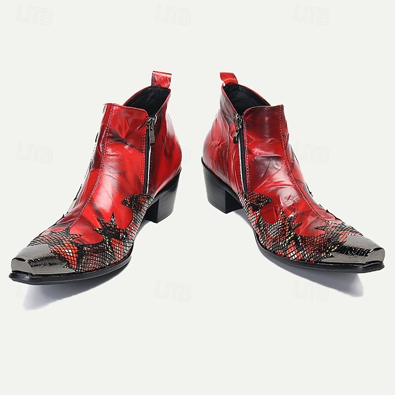 Men's Red Snake Pattern Ankle Boots with Zipper and Metal Toe – Premium Cowhide Leather Fashion Boots for Bold Style 6