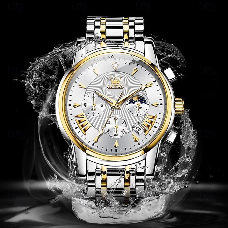 OLEVS Men Quartz Watch Fashion Casual Wristwatch Moon phase Luminous Calendar Chronograph Steel Watch2