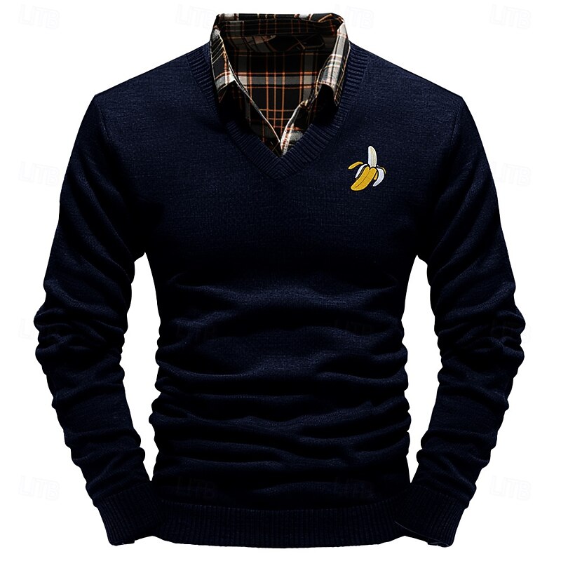 Christmas Men's Banana Pullover Sweater Jumper V Neck Casual Outdoor Daily New Years Eve Sweater Embroidered Knitting Warm Long Sleeve Fall Winter Wine Black White4