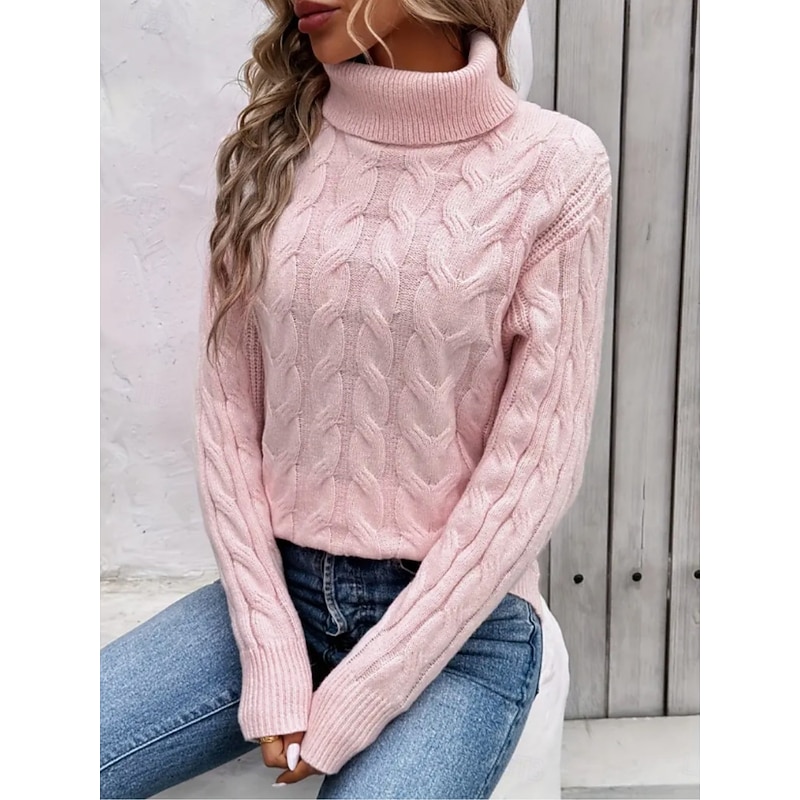 Women's Sweater Casual Soft Pure Color Cable Turtleneck Knitted Long Sleeve Regular Tops Knit Outdoor Daily Weekend Pink Khaki Fall Winter2
