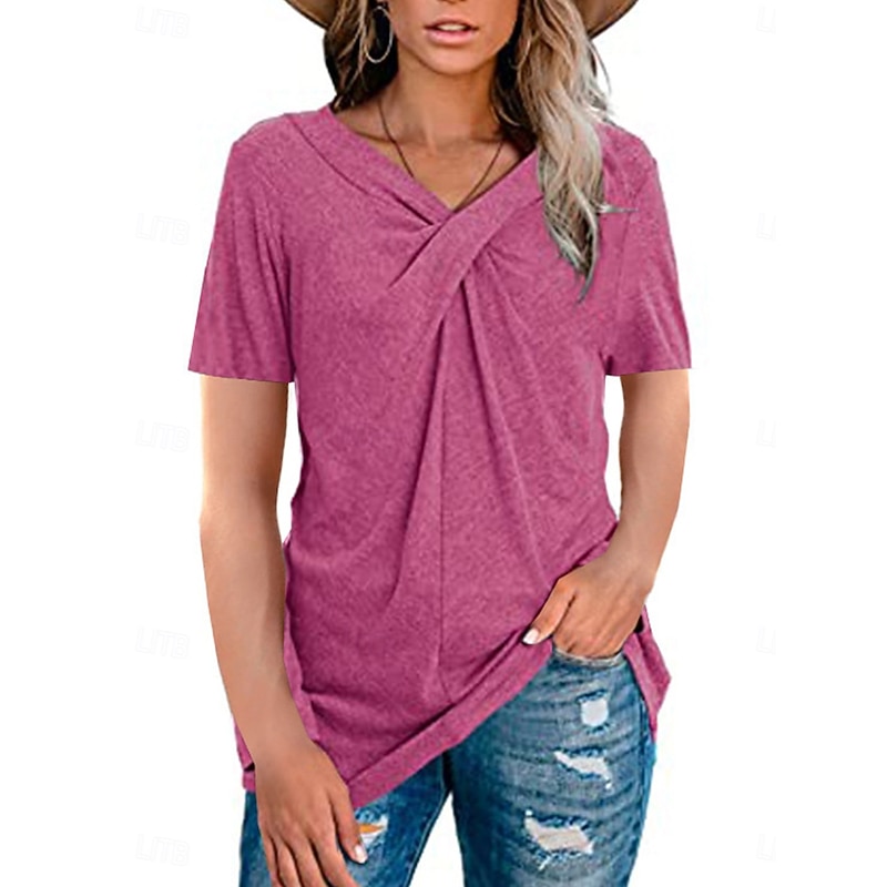 Women's T Shirt Solid Color Elegant Short Sleeve V Neck Regular Tops Daily Patchwork Black Red Beige Summer