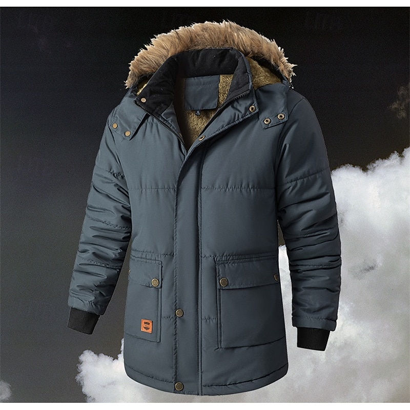 Men's Winter Coat Puffer Jacket Fleece Jacket Padded Jacket Pocket Polyster Vacation Daily Wear Date Regular Fashion Casual Comfortable Thermal Warm Fall & Winter Solid / Plain Color Black Dark Blue - Main Image