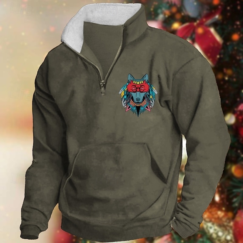 Men's Sweatshirt Pullover Hoodie Sweatshirt Quarter Zip Sweatshirt Black Army Green Red Navy Blue Khaki Half Zip Graphic Print Print Quarter Zip Christmas Daily Holiday Other Prints Polyester3