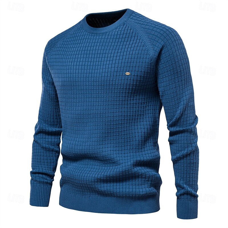 Men's Sweater Pullover Sweater Jumper Knitwear Ribbed Knit Regular Tops Plaid Crew Neck Knitwear Neutral Outdoor Casual Daily Clothing Apparel Spring &  Fall Navy Blue Blue S M L3