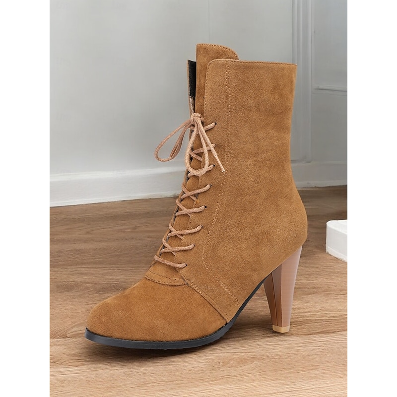 Women's Tan Lace-Up High Heel Ankle Boots with Stiletto Heels – Stylish Vintage-Inspired Footwear for Fall Outfits and Special Occasions3