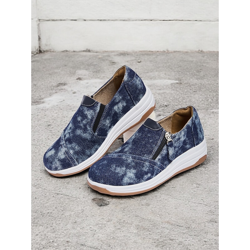 Women's Casual Blue Denim Slip-On Sneakers – Stylish Zip-Up Walking Shoes with Cushioned Sole for Everyday Comfort2