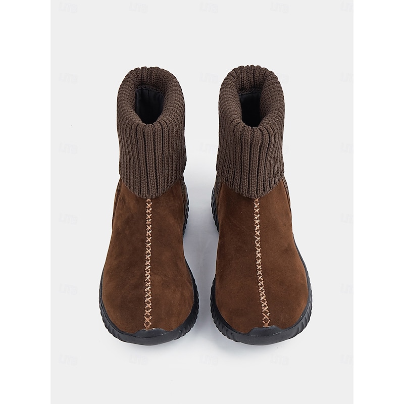 Women's Brown Faux Suede Ankle Boots with Ribbed Knit Cuffs – Warm, Slip-Resistant Casual Winter Shoes for Outdoor and Everyday Wear4
