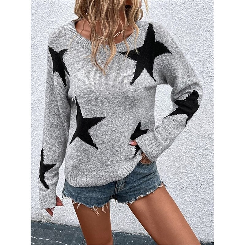 Women's Sweater Casual Soft Star Ribbed Crew Neck Knitted Long Sleeve Regular Tops Knit Outdoor Daily Weekend Gray Fall Winter3