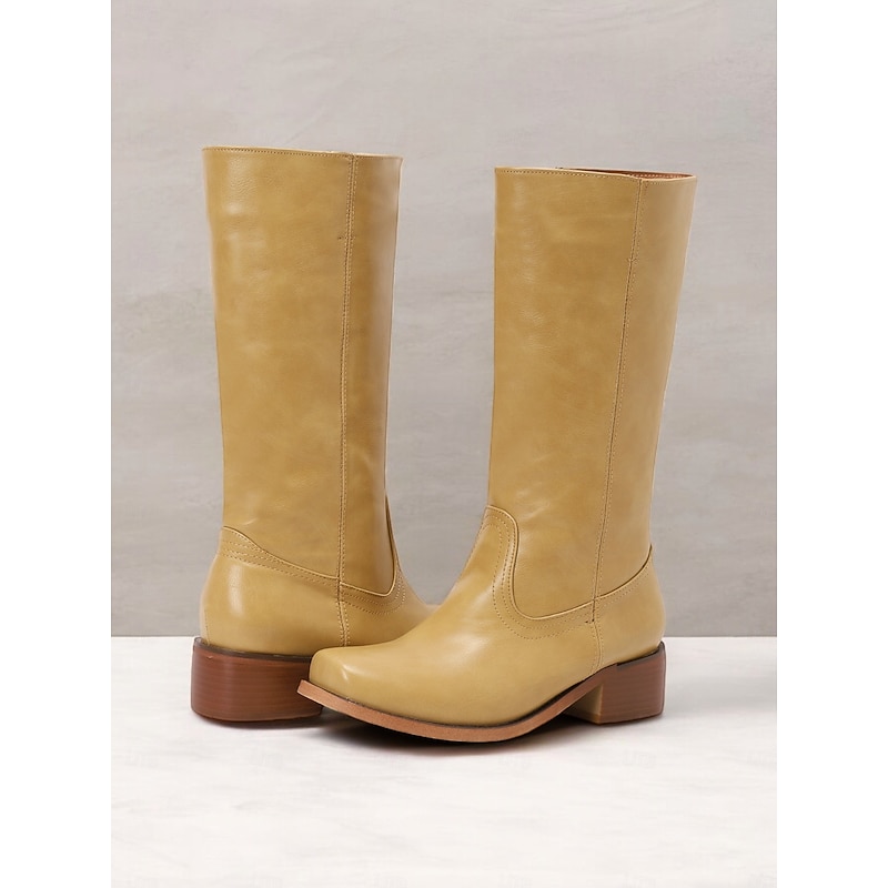 Women's Brown Faux Leather Western Cowboy Boots - Mid-Calf Height with Stacked Heel for Casual and Country Style Outfits2