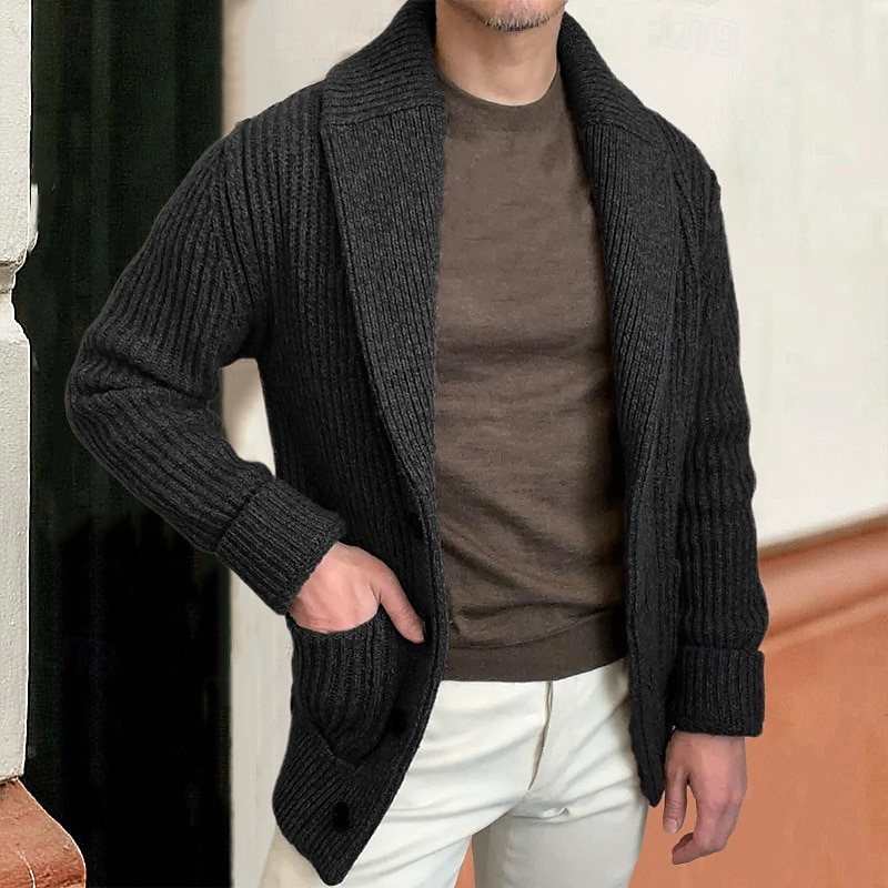 Men's Cardigan Sweater Cropped  Sweater Ribbed Knit Regular Pocket Plain Shawl Collar Fashion Classic Vacation Daily Wear Clothing Apparel Fall & Winter Black khaki M L XL