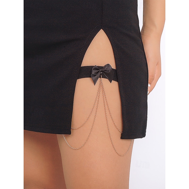 Women's Black Bow Thigh Chain Harness – Sexy Elastic Garter Belt with Silver Chain Accents, Ideal for Lingerie and Festival Outfits - Main Image
