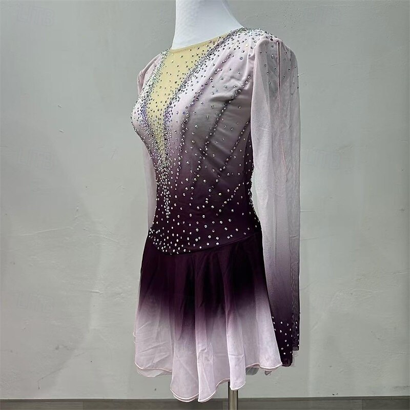 Figure Skating Dress Women's Girls' Ice Skating Dress Pruple Black Patchwork High Elasticity Training Competition Skating Wear Classic Crystal / Rhinestone Long Sleeve Ice Skating Figure Skating2